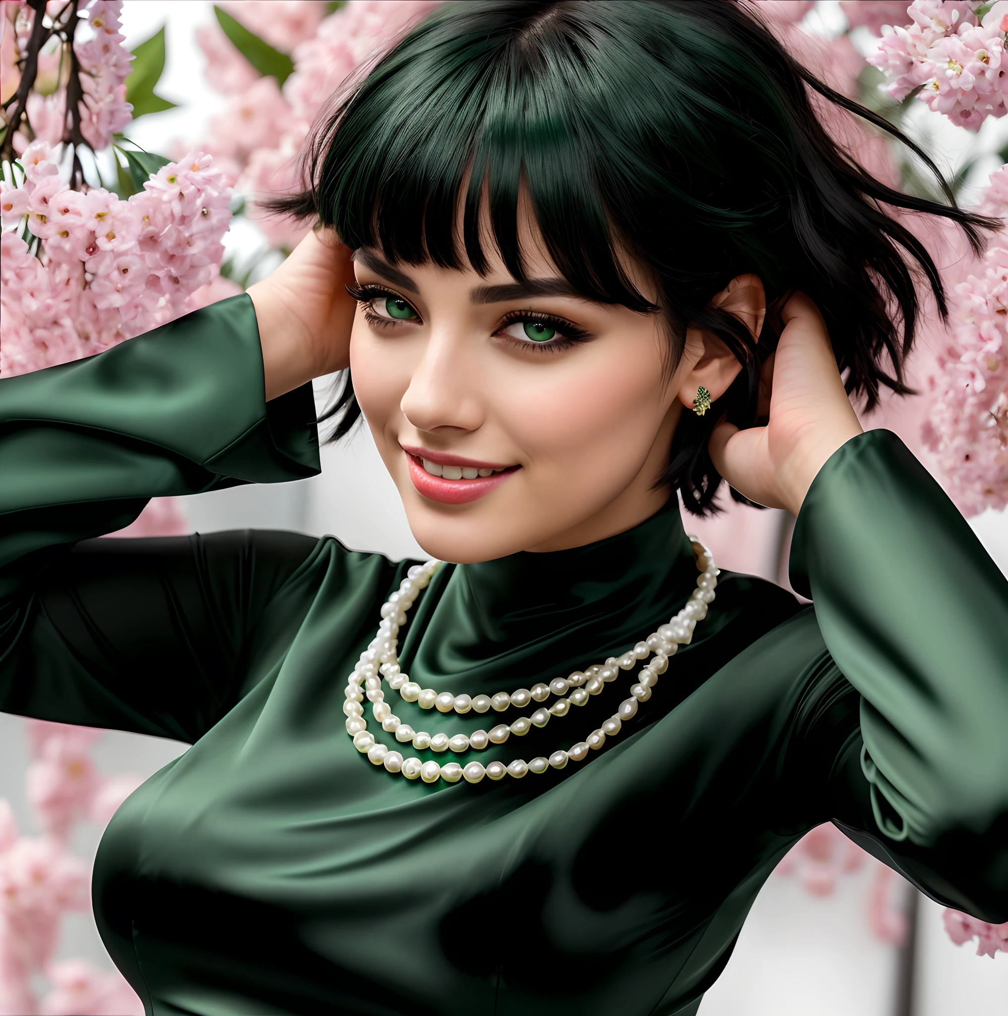 Dark green shading hair texture, high quality, high detailed, ultra realistic, ultra resolution, 8k, 4k, masterpiece, there is a woman with a white pearl necklace and a dark green dress, realistic, pretty woman with green eyes and pretty lips, hot looking, a lot of dark green shading highlights in her hair, twenty four years old, short black hair, moving her hands behind her head, 4k, 8k, high detailed, ultra realistic, ultra detailed photo realistic, smiling with a closed mouth (not showing teeth), she has a short cleopatra bob black hairstyle with green shading, her face is a bit skinny