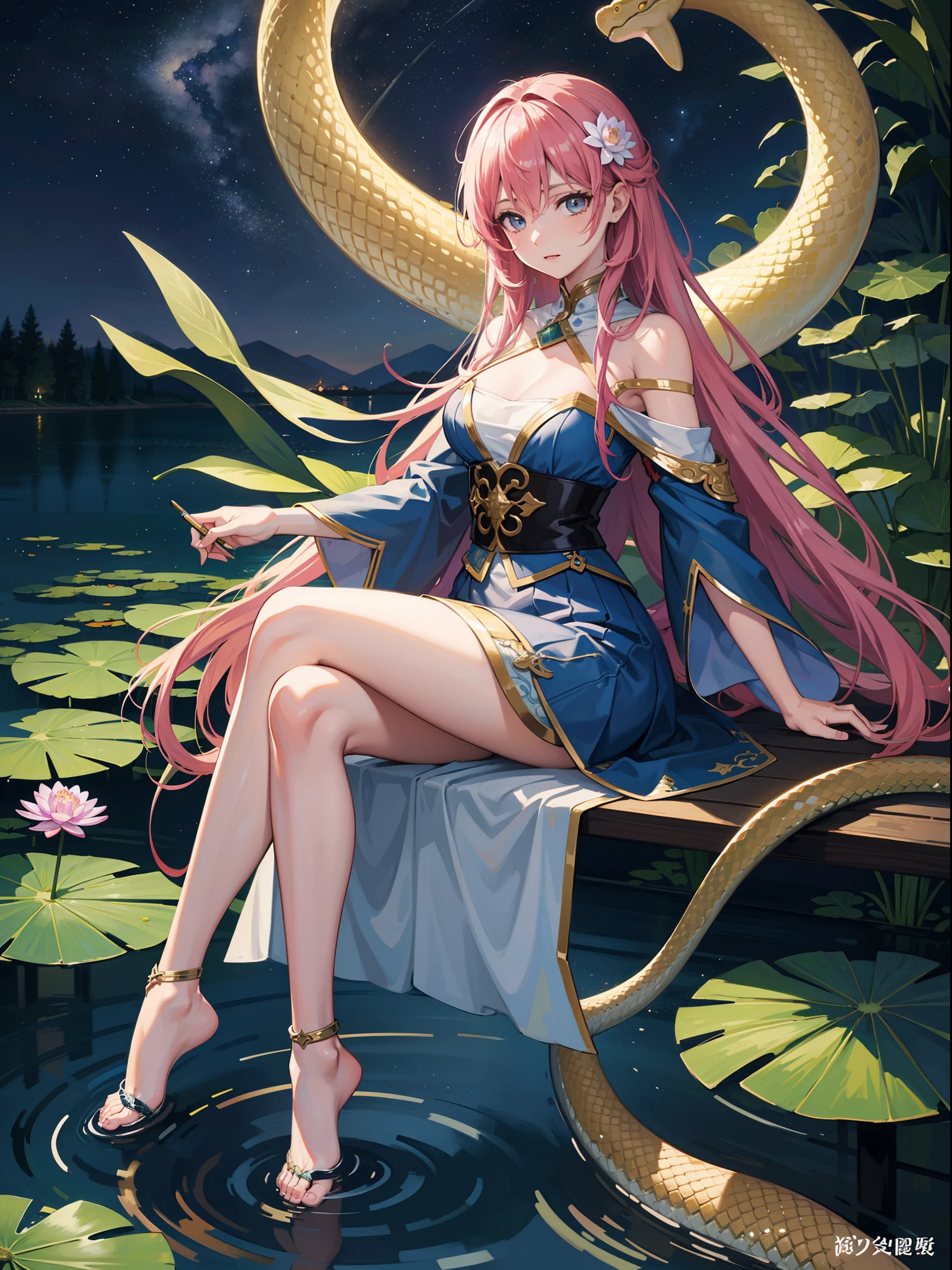 Colored line art night quiet starry sky and lake water, water lily, Bridge, Very realistic and detailed painting, Pencil, Colored pencils,８Giant snake with beautiful female body、Brilliant Hydra、Legendary Serpent Dragon、It's beautiful８Man Woman、