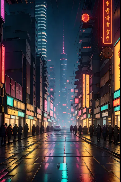 Cyberpunk City sci-fi movie, Empty Street, Night, chinoiserie building, old shops, Irregular, circuit boards, Wire, complex, Ult...