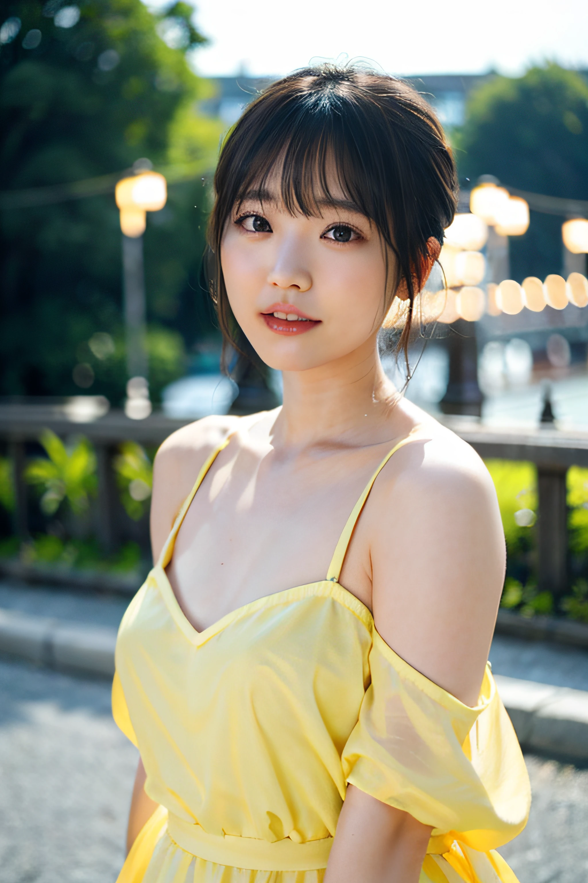 top-quality、女の子 1 人、large full breasts、with light glowing、blur backgroun、bokeh dof、Yellow off-shoulder dress、(short-hair、Forehead:1.2)、Beautiful sky with details、耳Nipple Ring、(dynamicposes:1.2)、 (The upper part of the body:0.8)、Soft lighting、the wind、glowy skin、Straight face、shores、early evening、Back lighting、