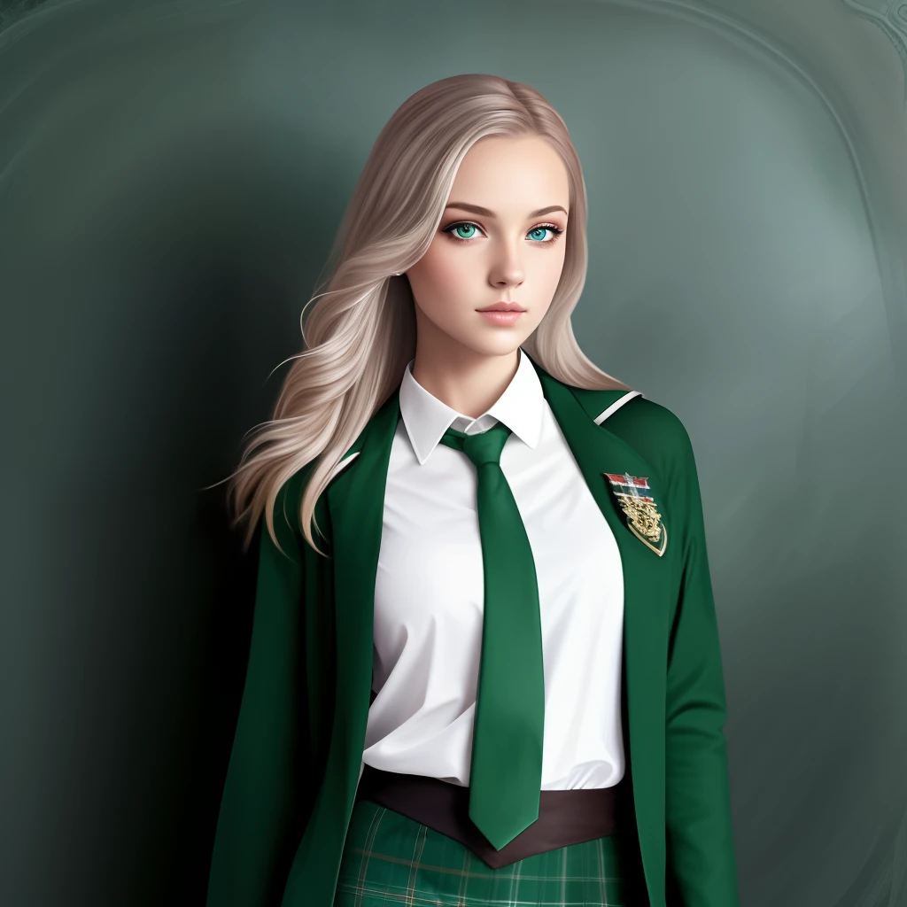 fotorealistisch, hohe Auflösung, schönes Mädchen, Hogwarts-Uniform, Slytherin, schweinsk, Langes silbernes Haar, blaue Augen, sexy, kurzer Rock, grüne Krawatte, Hogwarts-Hintergrund