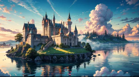 A majestic castle floating on a sky island, reminiscent of an England-style fortress, suspended above fluffy clouds, basking in ...