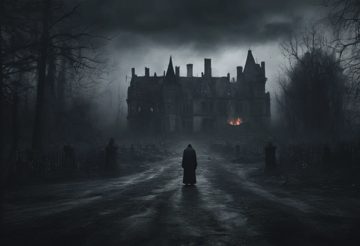 A dark castle with a person walking down the road in front of it ...