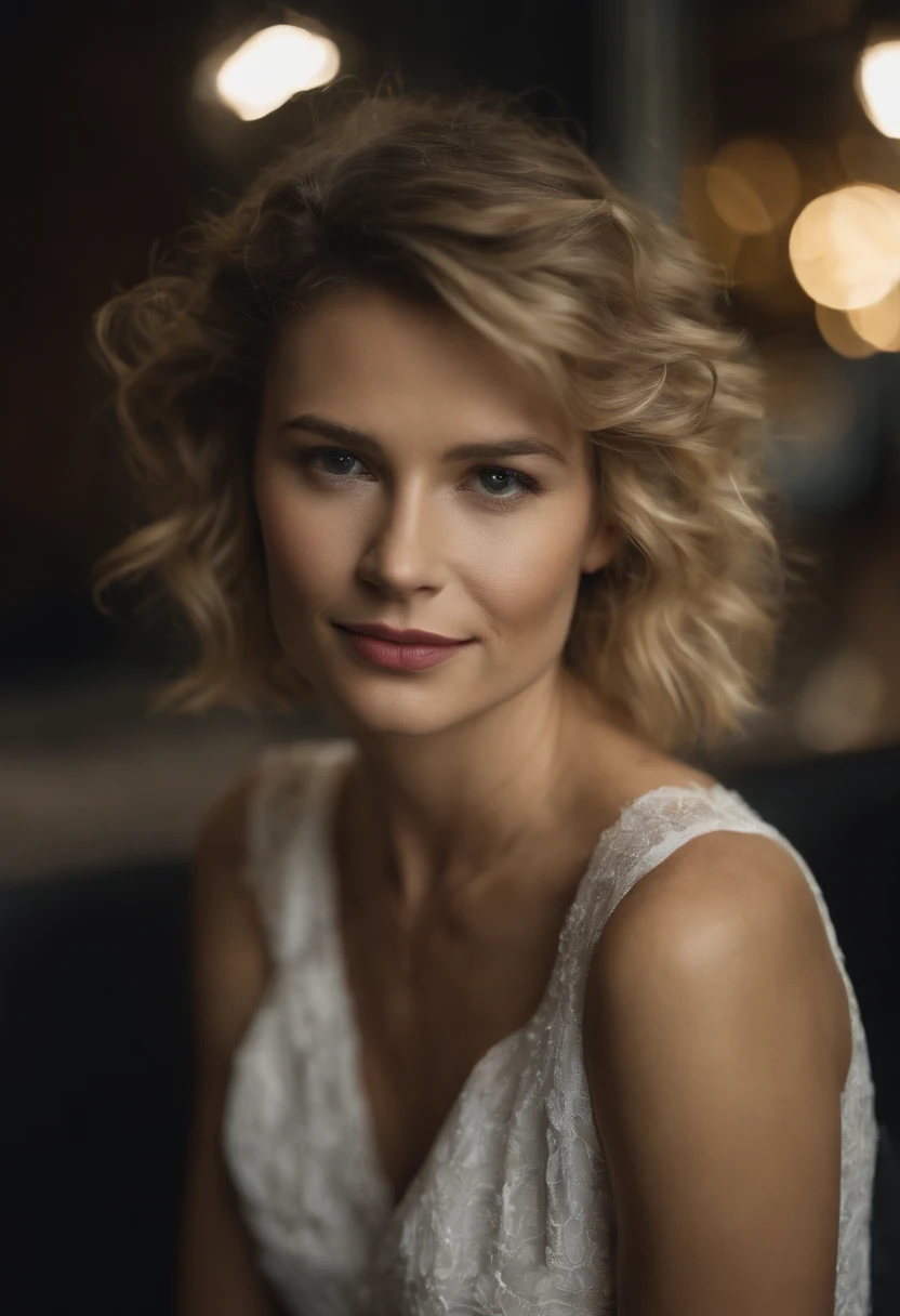 close up modern blonde  young woman, melbourne Australia, movie, in a discreet club, 21st century, bar, wearing dress, short pixie hair, floppy hair, messy hair,  looking sultry, cinematic, photo real,, backlit, panavision, depth of field, night time, sexy, bed