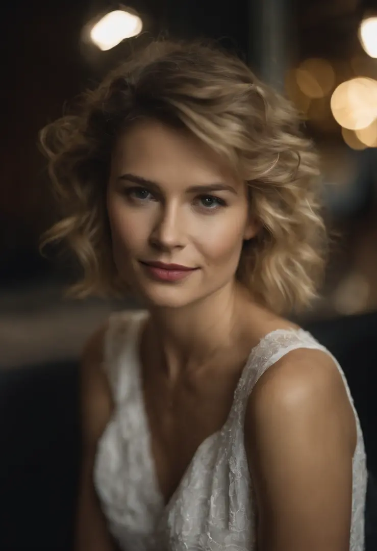 close up modern blonde petite young woman, melbourne Australia, movie, in a discreet club, 21st century, bar, wearing dress, short pixie hair, floppy hair, messy hair,  looking sultry, cinematic, photo real,, backlit, panavision, depth of field, night time...