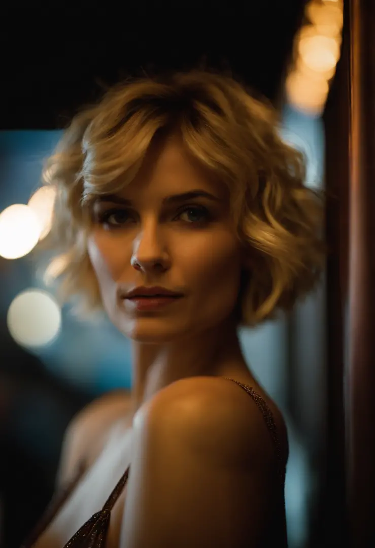 close up modern blonde petite young woman, melbourne Australia, movie, wearing dress, short pixie hair, floppy hair, messy hair,  looking sultry, cinematic, photo real,, backlit, panavision, depth of field, night time, sexy, bed,  in a discreet club, 21st ...