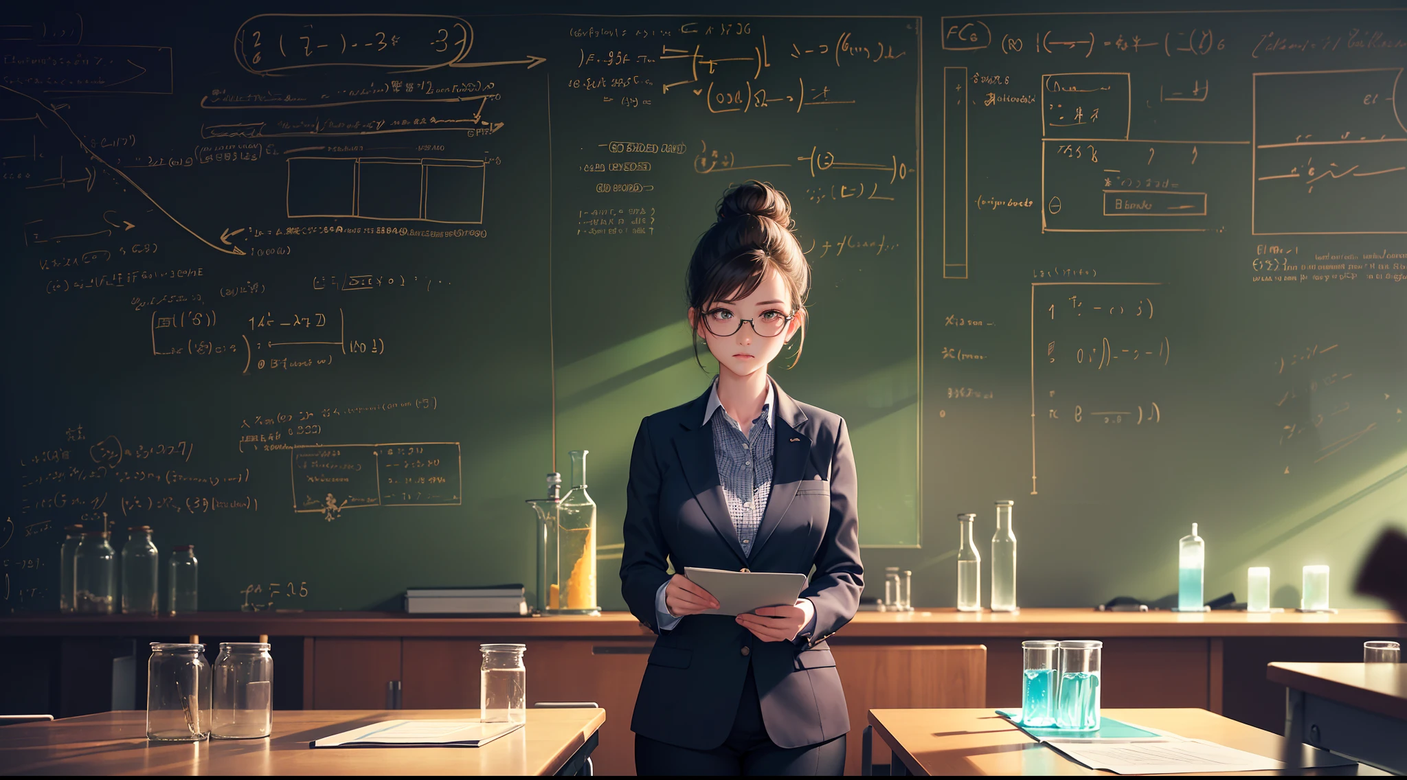 A teacher stand in front of the blackboard,Facing students,(Cowboy shot,above knee portrait:1.25),Scholar girl,huge breast,Teacher's professional suit,Black stockings,messy bun,glasses,(laboratory,classroom,experimental equipment,blackboard filled with equations written on the board,students In the dimly-lit laboratory:1.25),