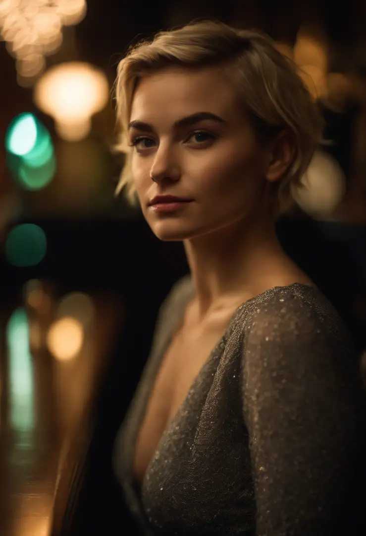 close up modern blonde petite 18 year old young woman, melbourne Australia, movie, wearing dress, short pixie hair, floppy hair, messy hair,  looking sultry, cinematic, photo real,, backlit, panavision, depth of field, night time, sexy, bed,  in a discreet...