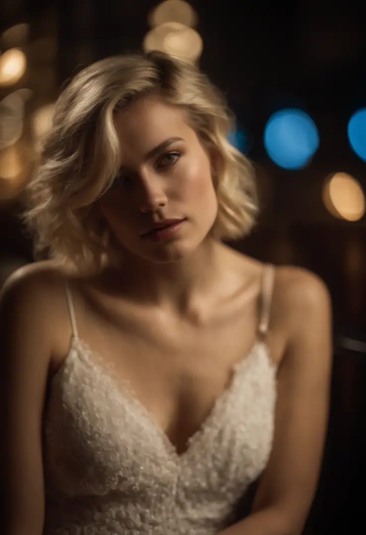 close up modern blonde petite 18 year old young woman, melbourne Australia, movie, wearing dress, short pixie hair, floppy hair, messy hair,  looking sultry, cinematic, photo real,, backlit, panavision, depth of field, night time, sexy, bed,  in a discreet...