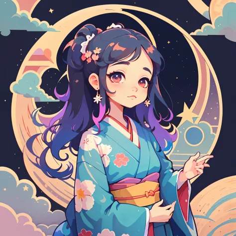 1 sticker, sticker, nikkaze, (cute girl), (gorgeous kimono), (gorgeous hair accessory), (Japanese traditional hairstyle), cherry blossoms, clouds, behind is a huge round moon, stars, white background, no background, simple background, minimal, cute, tiny, ...