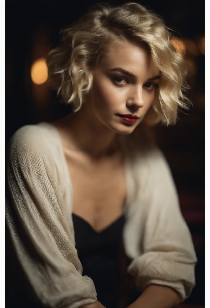 modern blonde  18 year old young woman, melbourne Australia, movie, wearing dress, short pixie hair, floppy hair, messy hair,  looking sultry, cinematic, photo real,, backlit, panavision, depth of field, night time, sexy, bed,  in a discreet club, 21st century, bar,