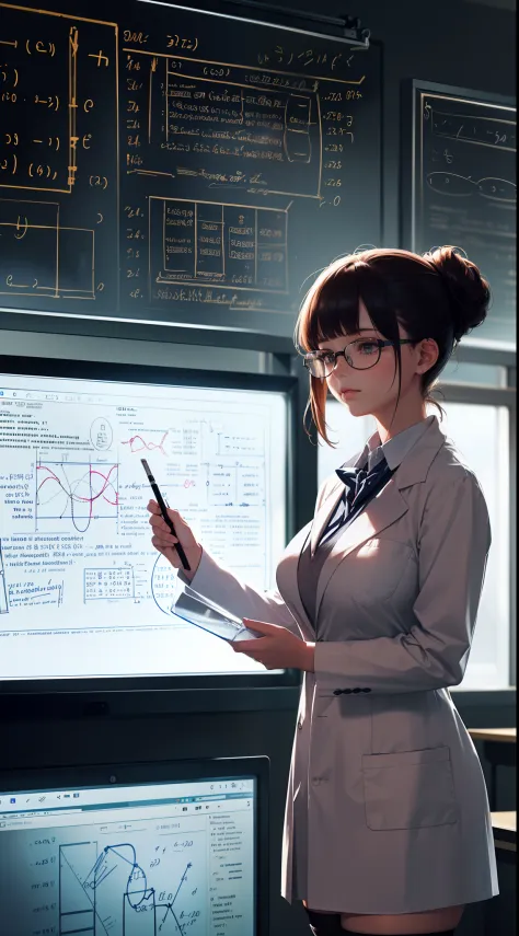 A teacher stand in front of the blackboard,Facing students,(Cowboy shot,above knee portrait:1.25),Scholar girl,huge breast,Teacher's professional suit,Black stockings,messy bun,glasses,(laboratory,classroom,experimental equipment,blackboard filled with equ...