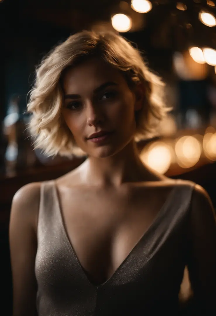 modern blonde petite 18 year old young woman, melbourne Australia, movie, wearing dress, short pixie hair, floppy hair, messy hair,  looking sultry, cinematic, photo real,, backlit, panavision, depth of field, night time, sexy, bed,  in a discreet club, 21...