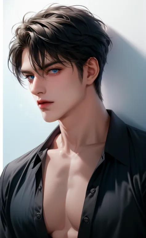 (masterpiece,best quality,ultra_detailed,highres,absurdres),1 mature male, 30-ish, (wide shoulder), ((no chest hair)), male focus, solo, short black Quiff hair with Soft Fringe (bangs part on side 3:7 ratio), simple background, blue eyes, upper body, short...