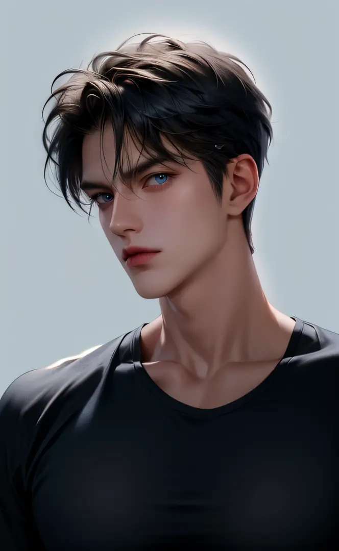 (masterpiece,best quality,ultra_detailed,highres,absurdres),1 mature male, 30-ish, (wide shoulder), ((no chest hair)), male focus, solo, short black Quiff hair with Soft Fringe (bangs part on side 3:7 ratio), simple background, blue eyes, upper body, short...