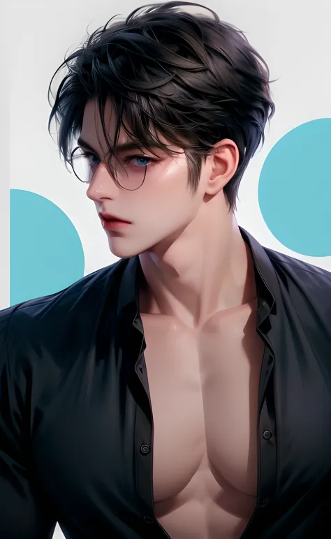 (masterpiece,best quality,ultra_detailed,highres,absurdres),1 mature male, 30-ish, (wide shoulder), ((no chest hair)), male focus, solo, short black Quiff hair with Soft Fringe (bangs part on side 3:7 ratio), simple background, blue eyes, upper body, short...