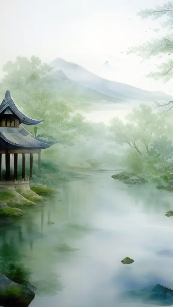 beautiful Chinese Landscape Art, best quality, intricate, water colors, traditional, serene, misty mountains, flowing rivers, lu...