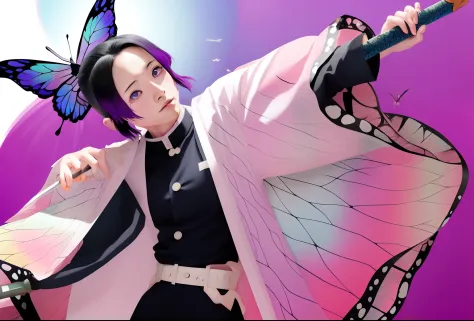 Anime character with butterfly wings holding butterfly wand in front of poster, demon slayer rui fanart, Kimetsu no Yaiba, demon...