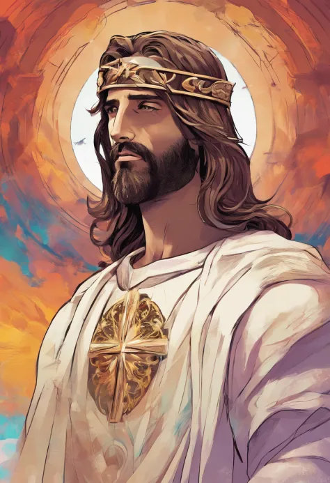 Jesus com cabelo rabo de cavalo, olhando para baixo, wearing goggles, camiseta branca, com estampa colorida