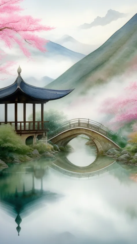 beautiful Chinese Landscape Art, best quality, intricate, water colors, traditional, serene, misty mountains, flowing rivers, lu...