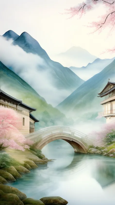 beautiful chinese landscape art, best quality, intricate, water colors, traditional, serene, misty mountains, flowing rivers, lu...