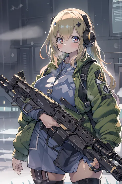 (((((Hold a huge assault rifle)))))、Long sideburns、Anime-style girl with beautiful whole body, clean detailed faces, ciber,analogous colors, Glowing shadows, beautiful gradients, depth of fields, CLEAN IMAGE, High quality,Black Parker Closing、 high detaili...