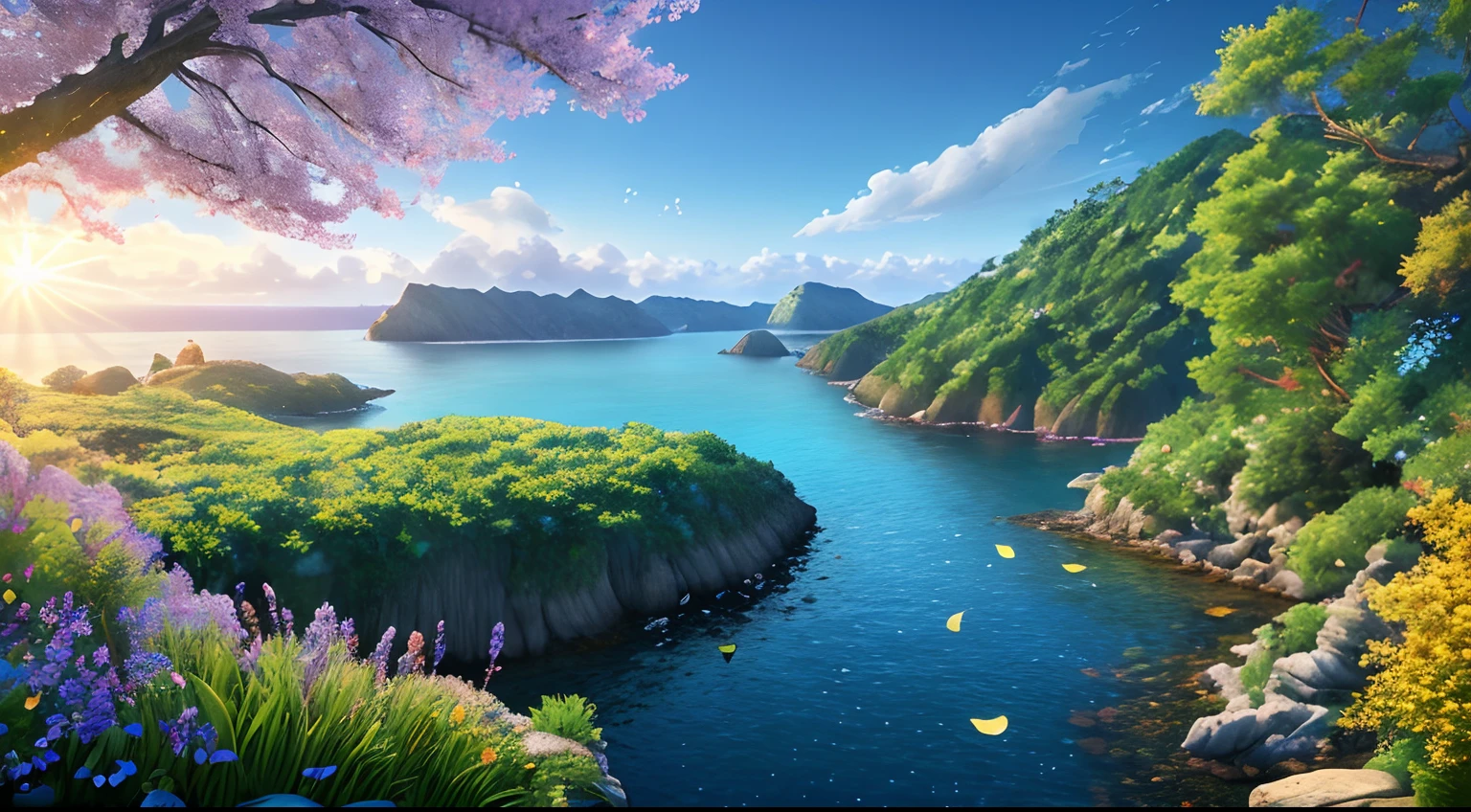 Masterpiece, best quality, (very detailed CG unity 8k wallpaper) (best quality), (best illustration), (best shadows) Nature&#39, blue sea,delicate leaves petals of various colors falling in the air light Tracking, super detailed --v6