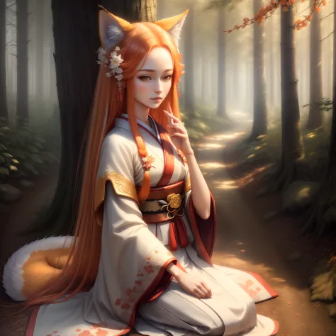 (masterpiece:1.3), 1kitsune-girl in perfect beauty forest, ginger straight hair, white shinto clothes, (fox ears:0.8), UHD, 4k, micro details, intricate, details, realistic, HDR