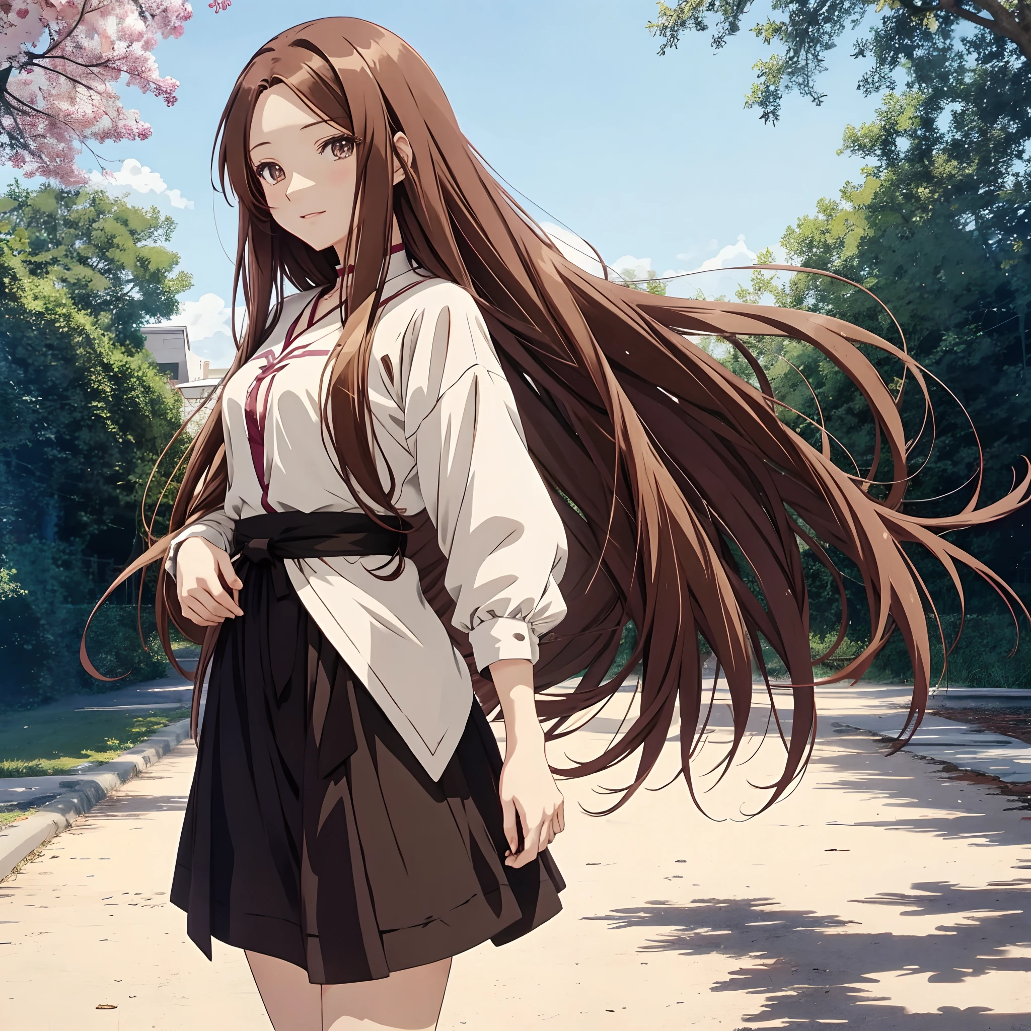 Anime-Mädchen mit langen Haaren, Anime-Bild einer jungen Frau, Schöne Frauen-Anime-Visuals, eine weibliche Anime-Figur, braune Haare，Mittelteilung，