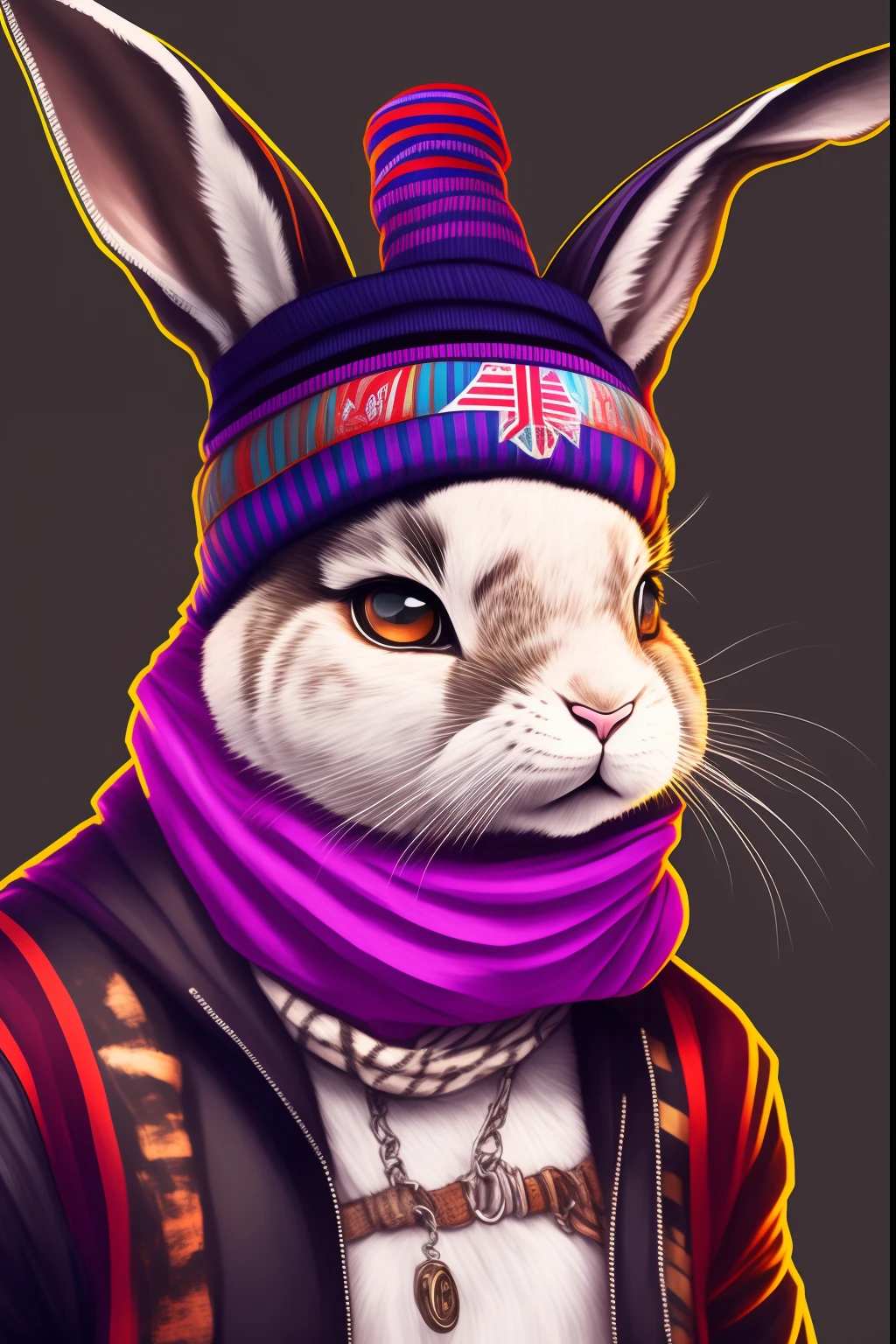 Drawing of a rabbit in a hat and scarf、Trending on art stations、Dressed in punk clothes、Detailed hyper-realistic rendering、Members of British gangs、Street Style、intimidating pose、planet of the cats、Trendy clothes、Urban Samurai、meow、West Slavic traits、8 1 5