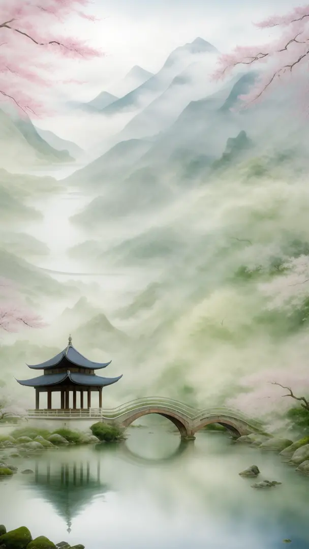 beautiful chinese landscape art, best quality, intricate, water colors, traditional, serene, misty mountains, flowing rivers, lu...