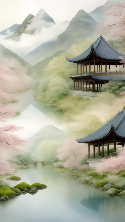 beautiful chinese landscape art, best quality, intricate, water colors, traditional, serene, misty mountains, flowing rivers, lu...