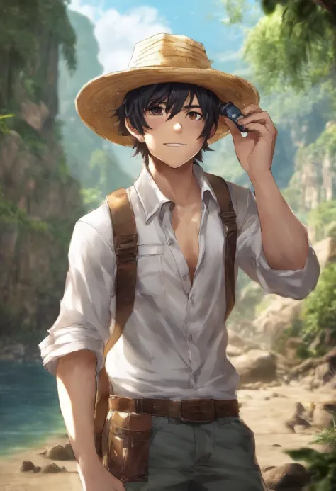 rupee, straw hat, 1Boy, male focus, Solo, has, Black hair, Smile, looking up at viewer, shirt, Sorrisos, scar, Water, Orange Eyes, dirty, open clothes, 鎖骨, White shirt, Short hair