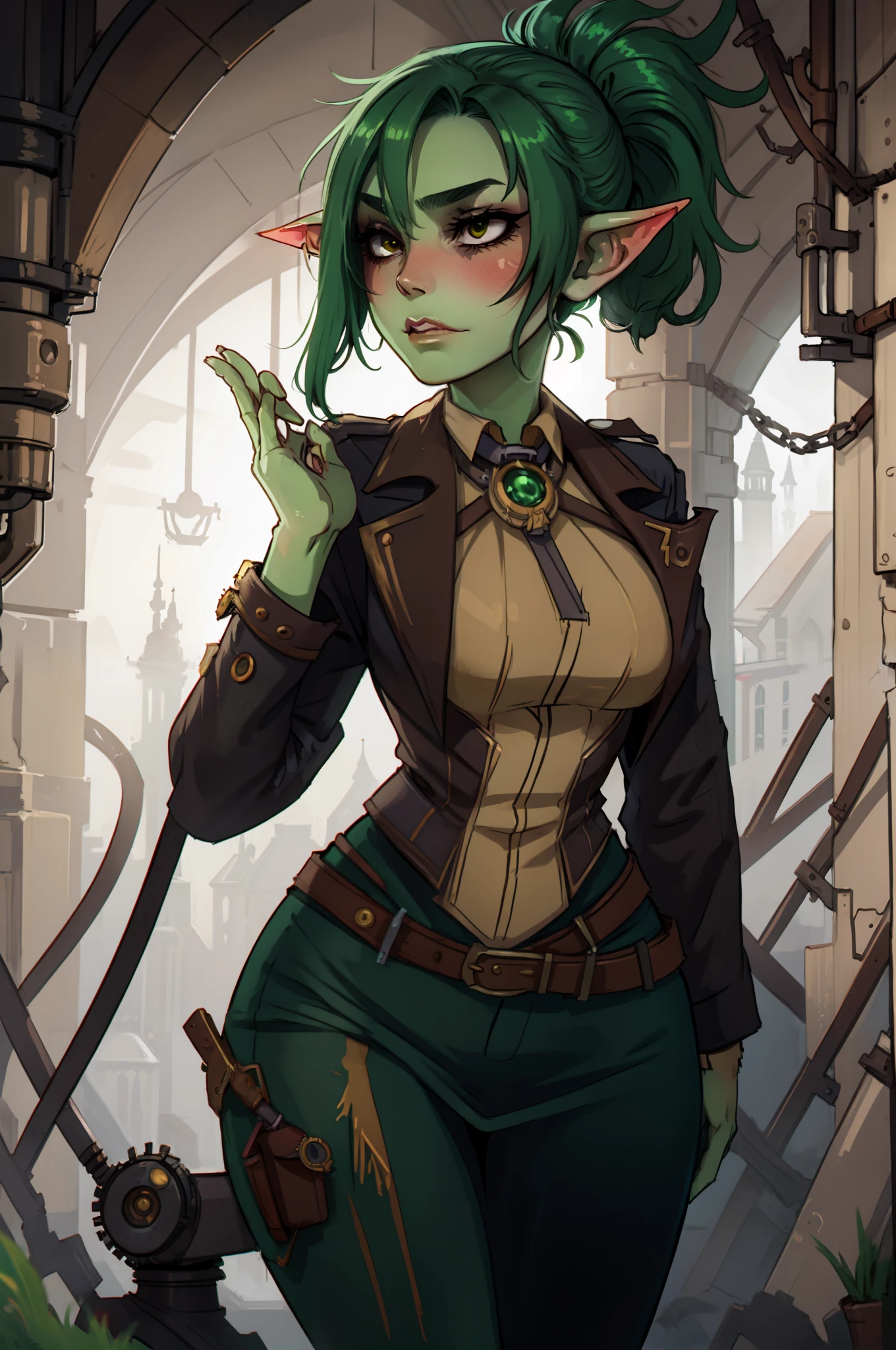 chica duende, obra maestra, mejor calidad, retrato de la cara, steampunk, piel verde