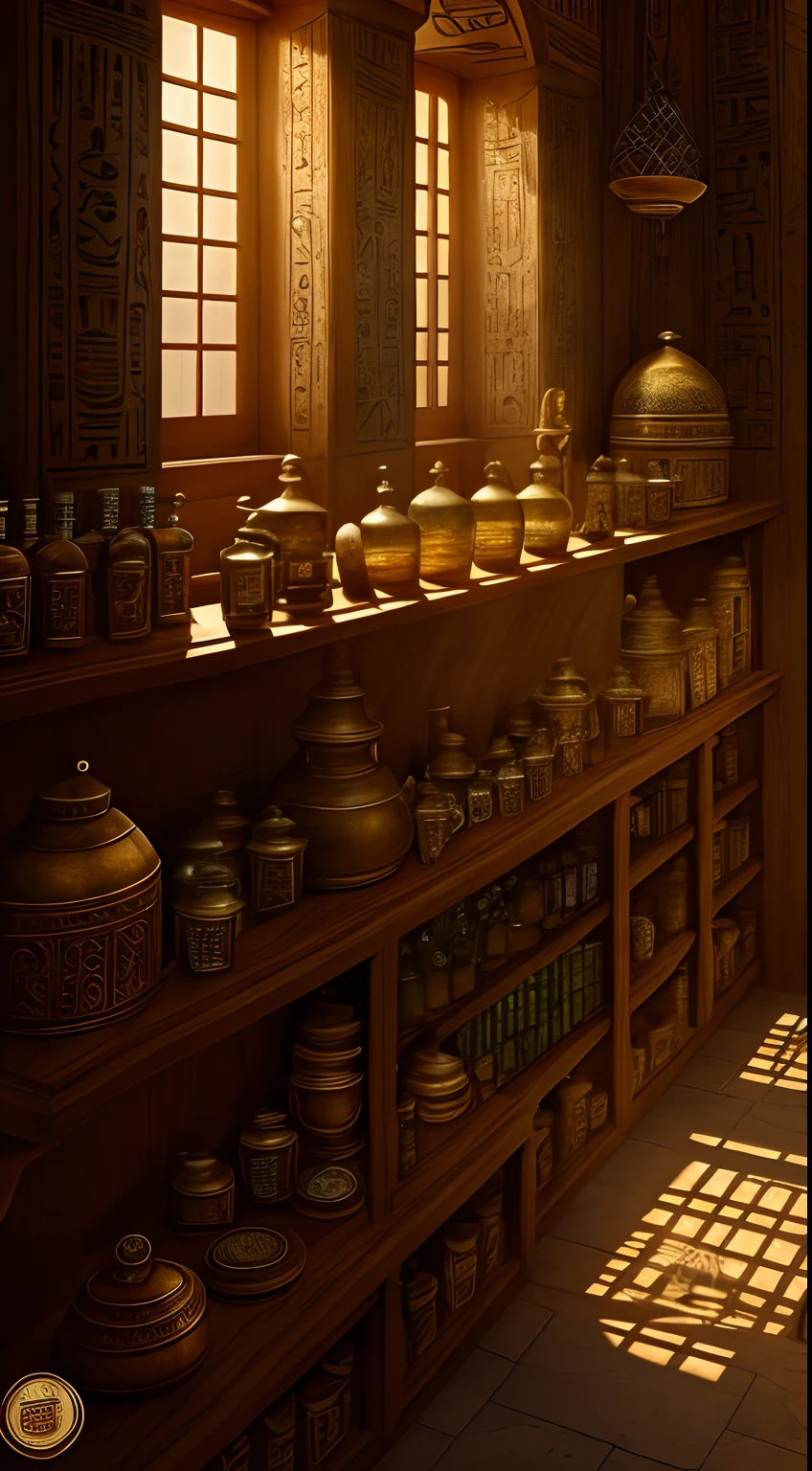 ancient Egyptian apothecary,illustration,ultra-detailed,realistic,ancient Egypt,apothecary,traditional medicine,essential oils,herbs,ancient tools,egyptian papyrus recipe,hieroglyphics,antique pharmacy,vivid colors,natural remedies,pungent aroma,calm demeanor,elaborate headdress,papyrus scrolls,sun-drenched room,sunlight filtering through window,authentic atmosphere,elliptical stone walls,distinctive murals,long beard,loose linen robe,aged wooden shelves,clay jars,aromatic plants,meticulous preparations,ancient remedies,crocodile dung,mixing ingredients,concocting potions,mysterious recipe,egyptian fertility treatment,intense concentration,detailed hieroglyphic instructions,herbal infusion,pharmacy of ancient times,authentic portrayal,artistic interpretation,lush green plants,exotic spices,rich historical context,pharmacological knowledge,authenticity to the scene,healing power of nature. --auto