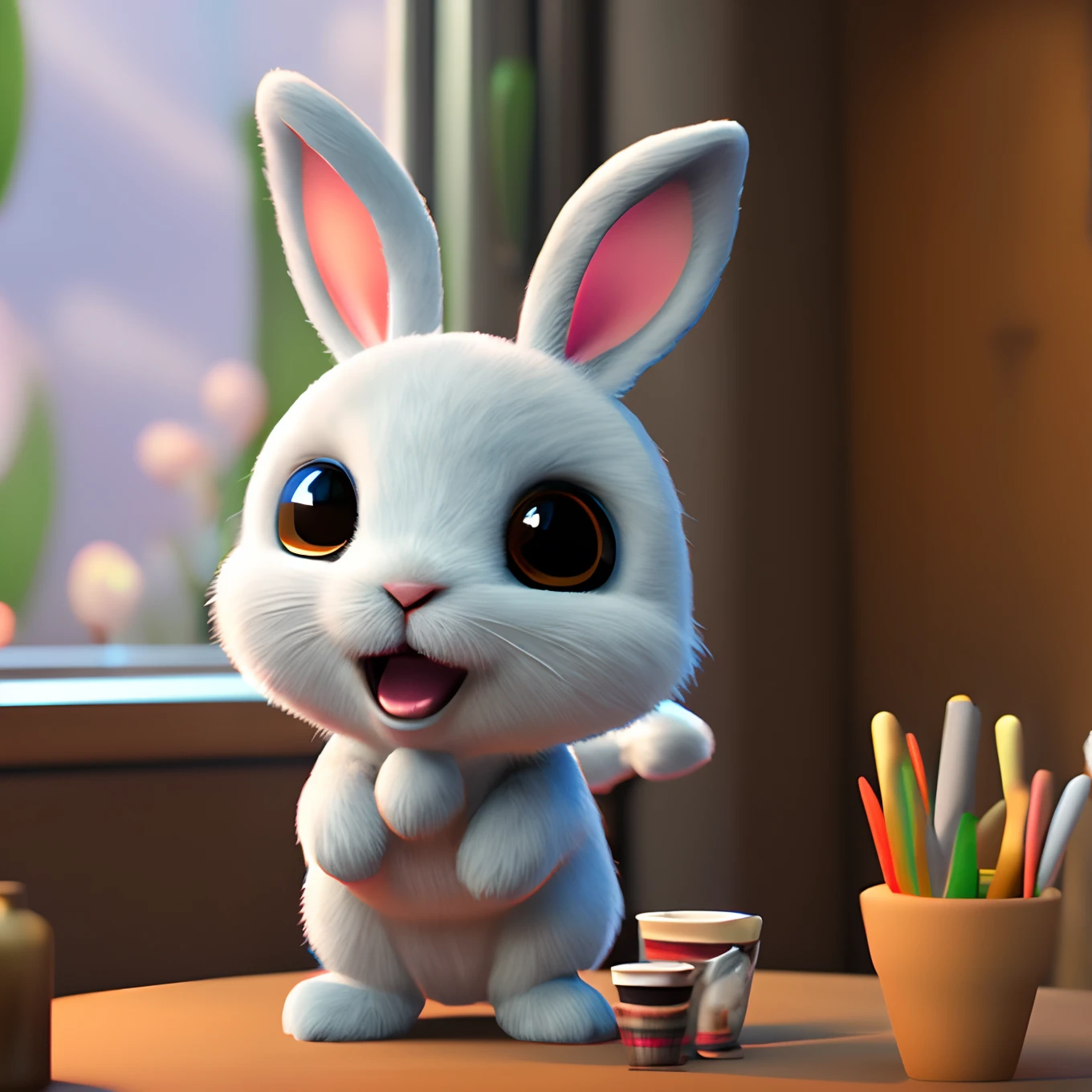 Cute adorable little bunny waving and smiling greeting me, unreal engine, cozy interior lighting, art station, detailed digital painting, cinematic, character design by mark ryden and pixar and hayao miyazaki, unreal 5, daz, hyper realistic, octane render, 3DMDT1