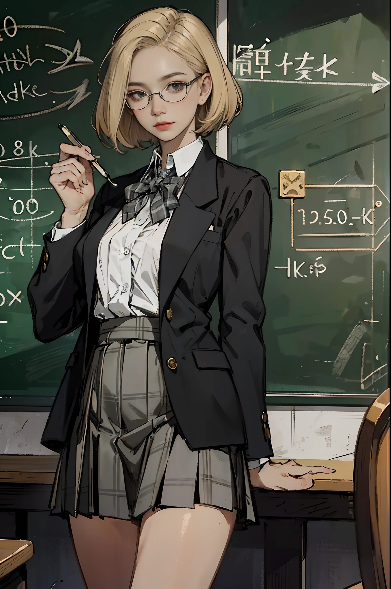 (8K, RAW photo, High sensitivity, Best quality, Extremely detailed hair, Masterpiece, Ultra-high resolution, Photorealistic:1.25) , thin frame glasses, frontage, 1girll, The profession is a teacher，Uniforms, Dark gray open jacket, Dark gray blazer, Pleated skirt, Plaid skirts, Gray-brown hair, Gold-tone round glasses, at class room, There was a blackboard behind him，There are mathematical formulas on the blackboard，Detailed portrayal
