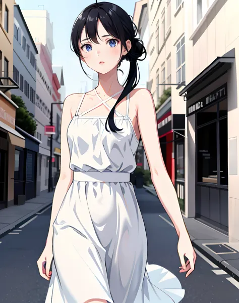 1girl, blue eyes, narrow eyes, black hair, hair tied back, white dress, walking on the street, high detailed