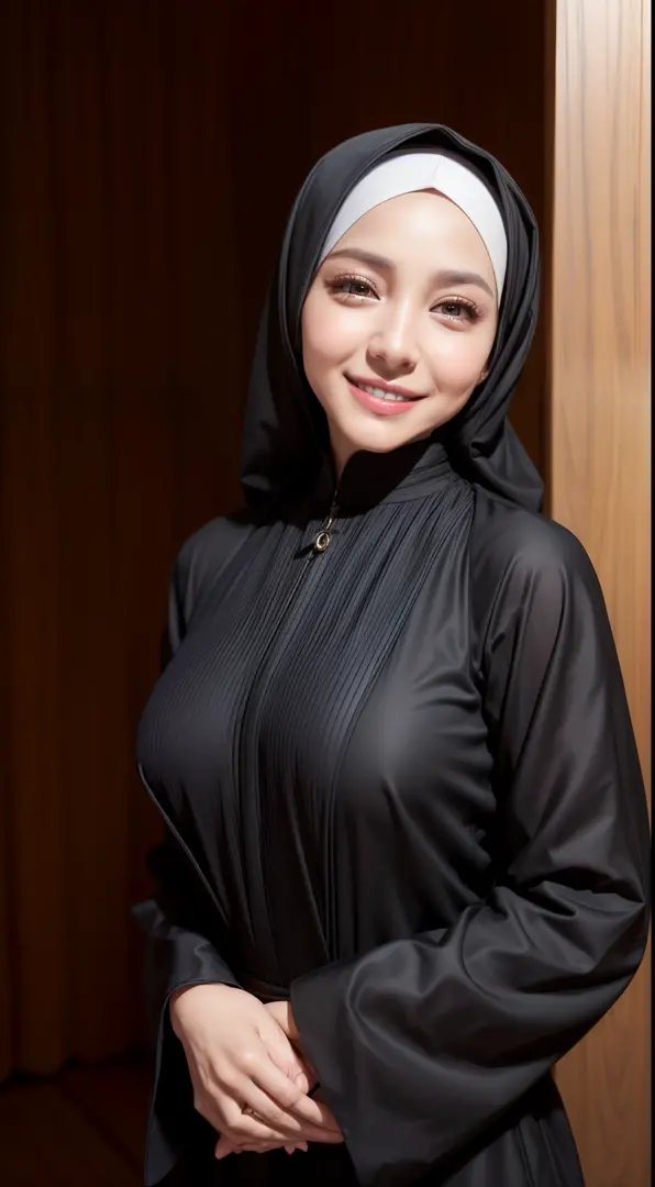(64k, RAW photo, best quality, masterpiecel1.4), ((forex market background)) , ((  smile face )),  (realistic, photo-realistic:1.37), photo of a women in black hijab, 1girl and 1 men, (lighting), ((wearing black fit jubah)) , ((selfie pose)), ((covered bre...