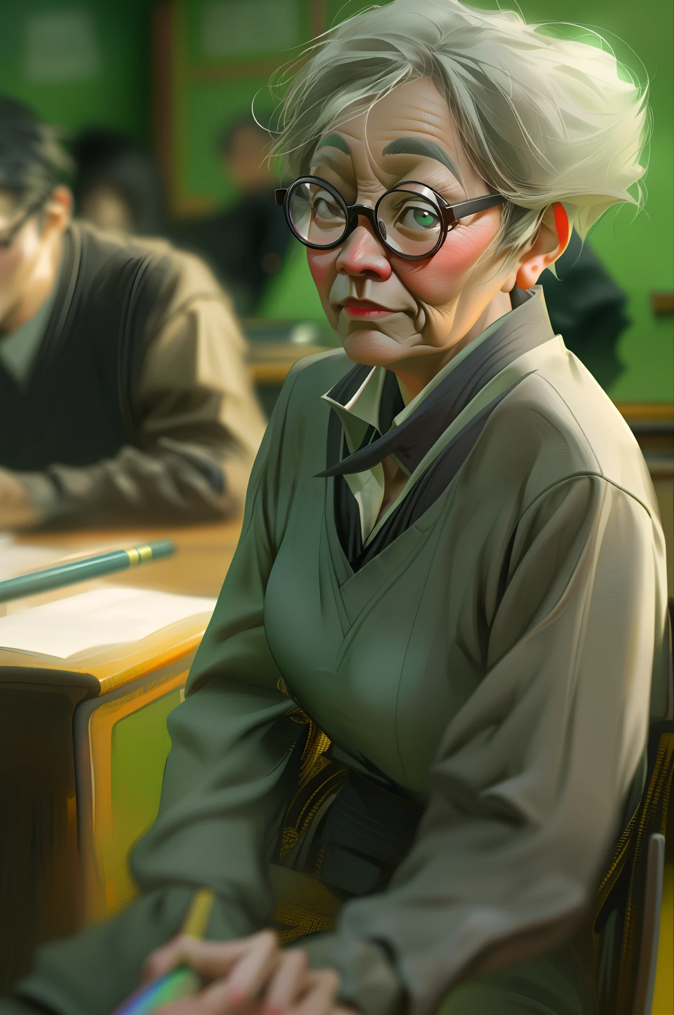 In the classroom，The teacher is lecturing the students，Gray-haired old teacher，Asian people，wears glasses，closeup cleavage，sharp focus on eyes，8K，super-fine，oil painted，Hyper-realistic，best qualtiy