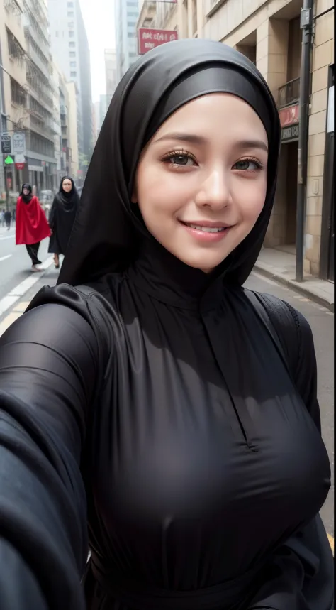 (64k, RAW photo, best quality, masterpiecel1.4), ((wall streets background)) , ((  smile face )),  (realistic, photo-realistic:1.37), photo of a women in black hijab, 1girl and 1 men, (lighting), ((wearing black fit jubah)) , ((selfie pose)), ((covered bre...