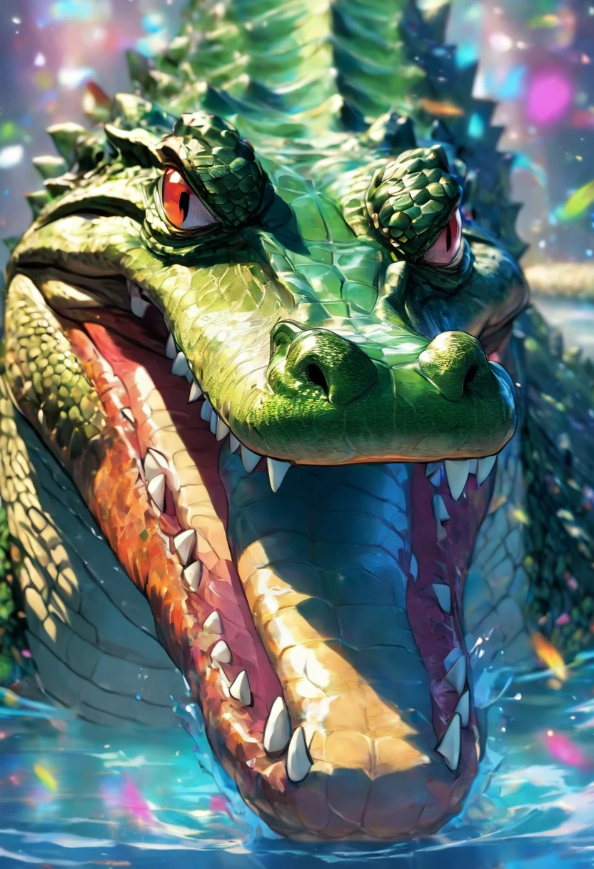 Ein Alligator, Verwendung einer Sonnenbrille, Glücklich, sehr detailiert, bunt, scharfe Zähne, Genehmigt