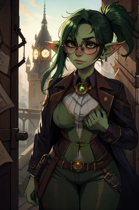 goblin girl, master piece, best quality, face portrait, round steampunk glasses, green skin