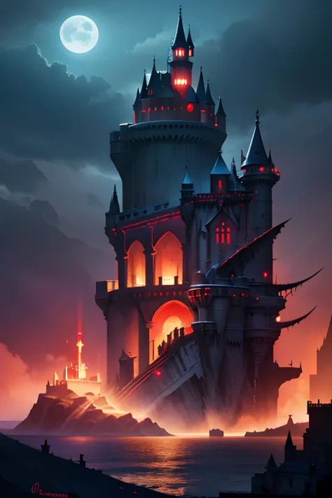 dreamlikeart Castlevania Lord of the Shadows hyper realistic super detailed Legendary Castle. Moon behind bright red on the wave...