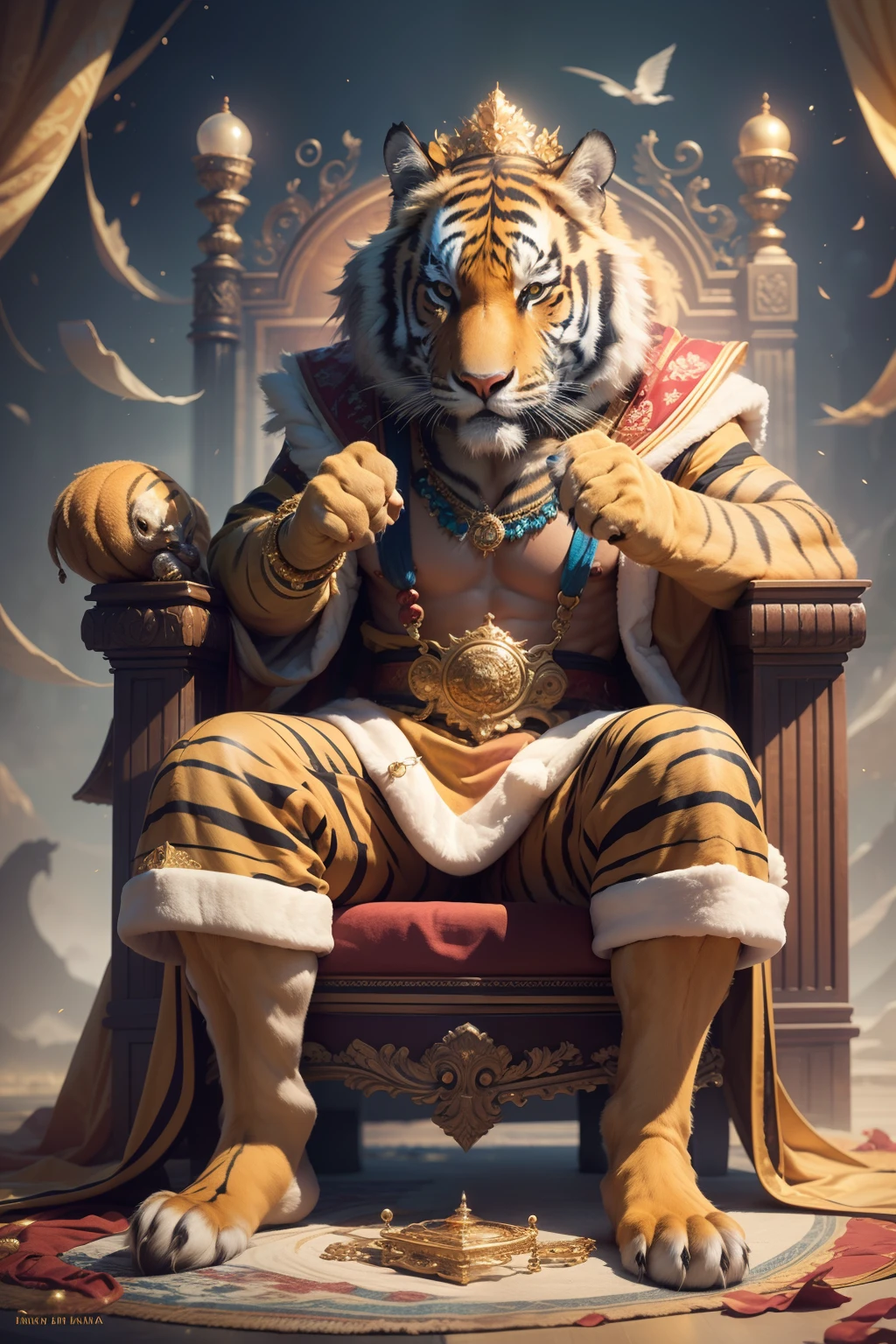 A tiger sitting on a throne with a crown on it - SeaArt AI