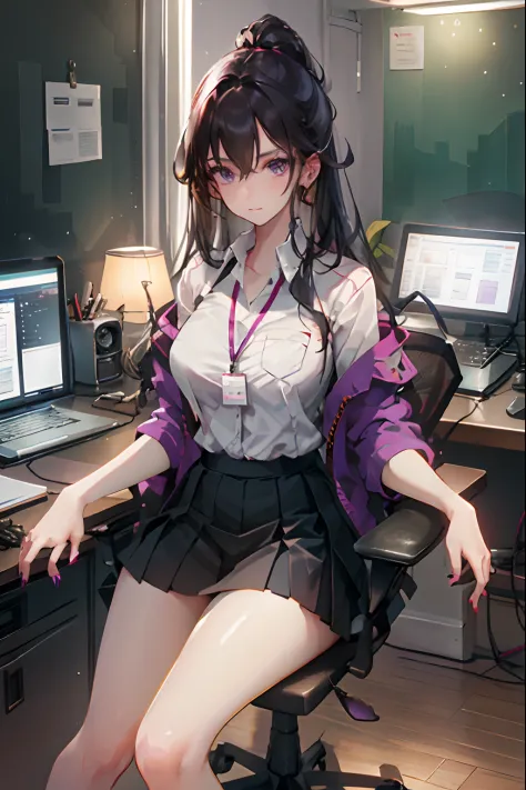 boa hancock, 1girll, Solo, ((White shirt)), black thighhigns, Breasts, cleavage, uniform, office backdrop, Black skirt, Pleated skirt, Office, hair between eye, Large breasts, Long hair, view the viewer, Black hair, red short nails, Purple eyes, Solo, uppe...