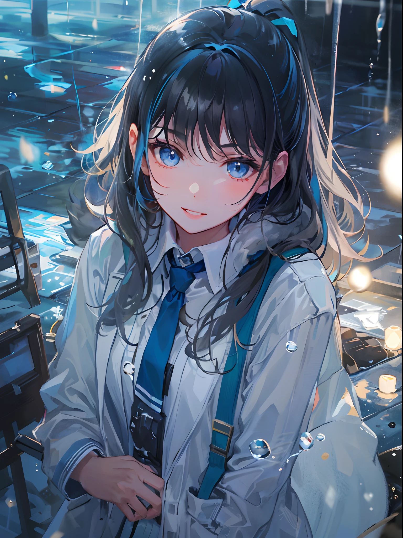 ((top-quality)), ((​masterpiece)), ((Ultra-detail)), (extremely delicate and beautiful), girl with, solo, cold attitude,((Black jacket)),She is very(relax)with  the(Settled down)Looks,A darK-haired, depth of fields,evil smile,Bubble, under the water, Air bubble,bright light blue eyes,Inner color with black hair and light blue tips,Cold background,Bob Hair - Linear Art, a miniskirt、knee high socks、White uniform like 、Light blue ribbon ties、Clothes are sheer、Hands in pockets、Ponytail hair