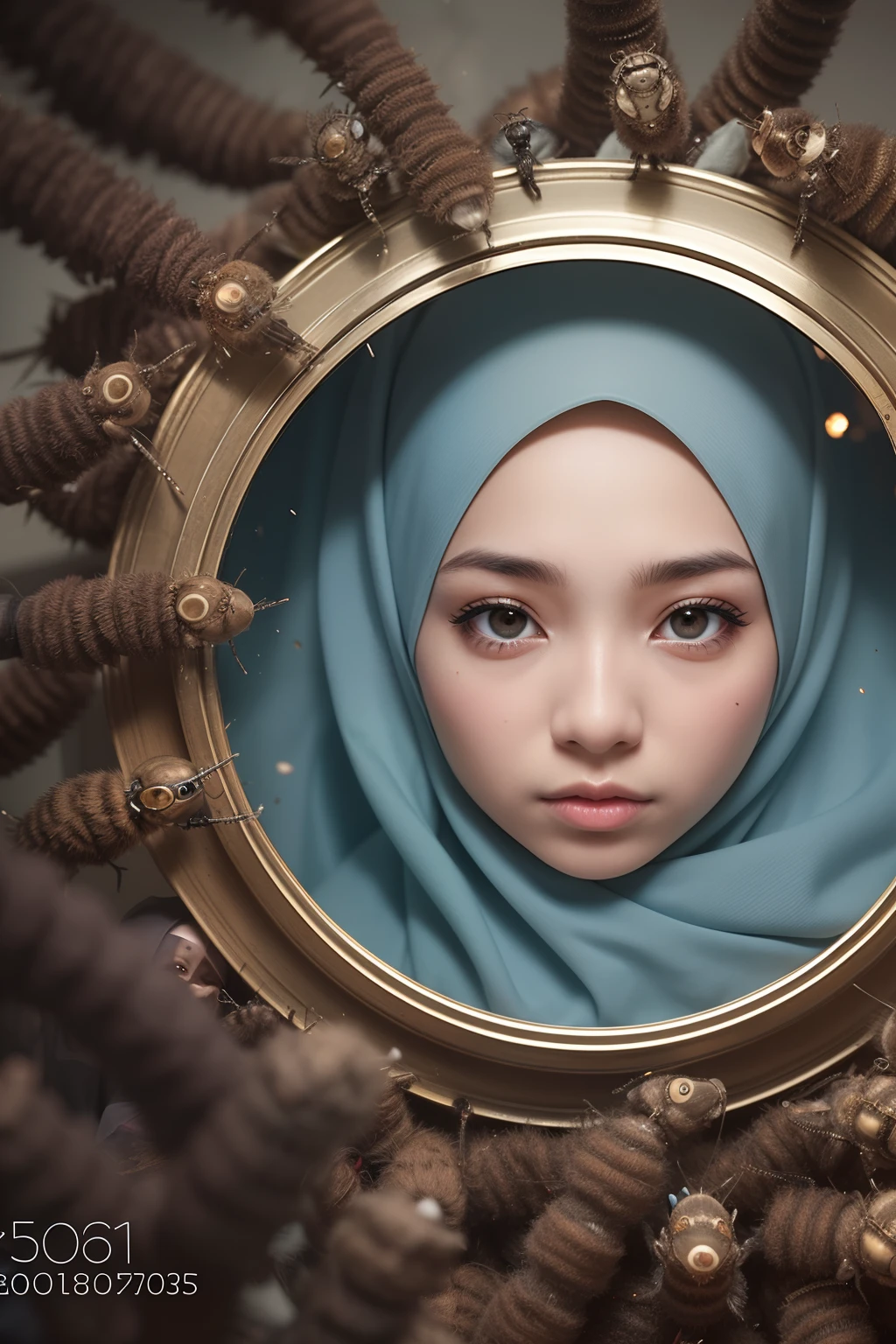 Photograph a Malay girl in hijab with a swarm of tiny robotic companions, illustrating the harmonious relationship between her and advanced technology