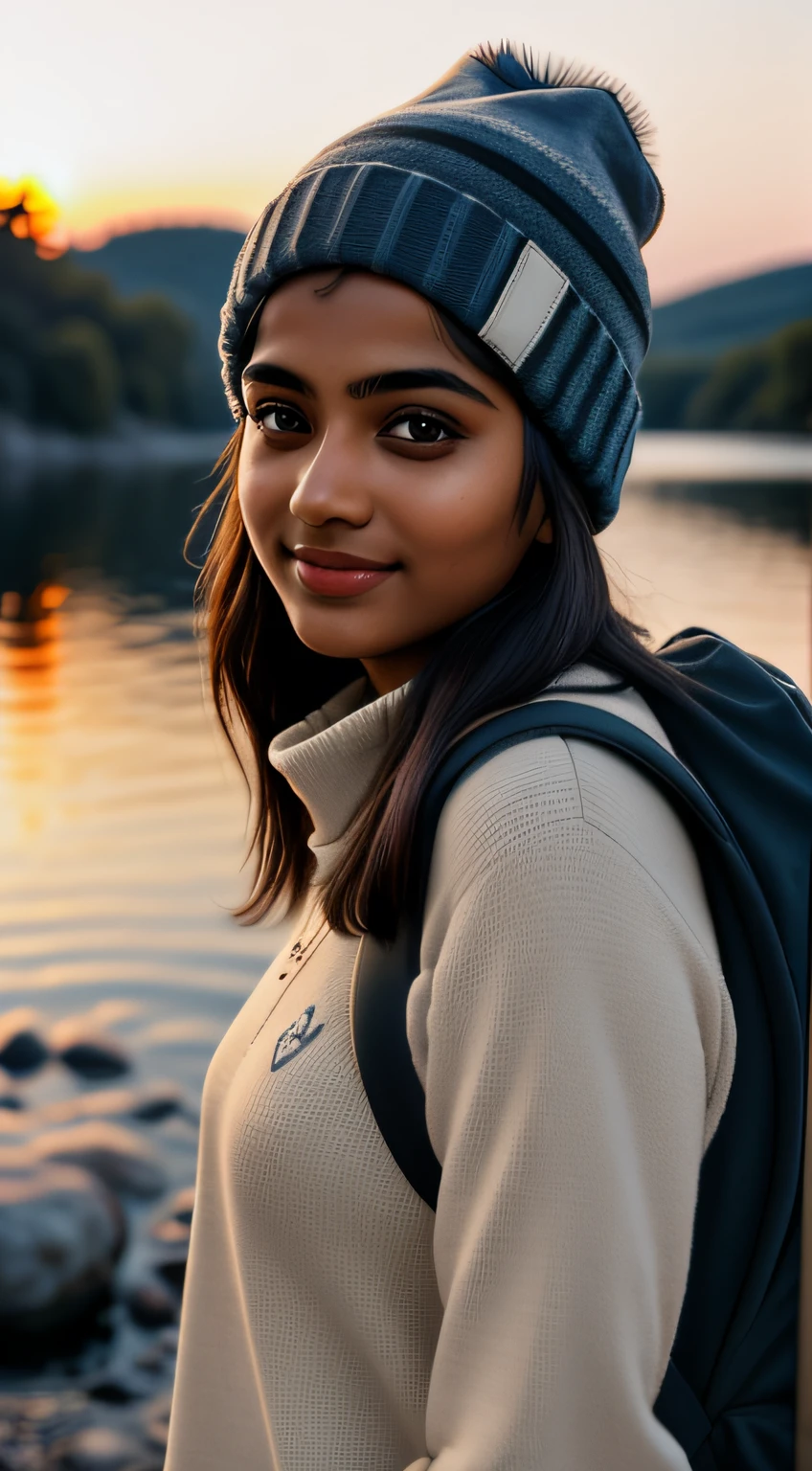 young Indian mature college girl, 1,, gentle lighting ((upper body selfie, happy)), masterpiece, best quality, ultra-detailed, solo, outdoors, (night), mountains, nature, (stars, moon) cheerful, happy, backpack, sleeping bag, camping stove, water bottle, mountain boots, gloves, sweater, hat, flashlight, forest, rocks, river, wood, smoke, shadows, contrast, clear sky, analog style (look at viewer:1.2) (skin texture) (film grain:1.3), (warm hue, warm tone:1.2), close up, cinematic light, sidelighting, ultra high res, best shadow, RAW, upper body, wearing pullover