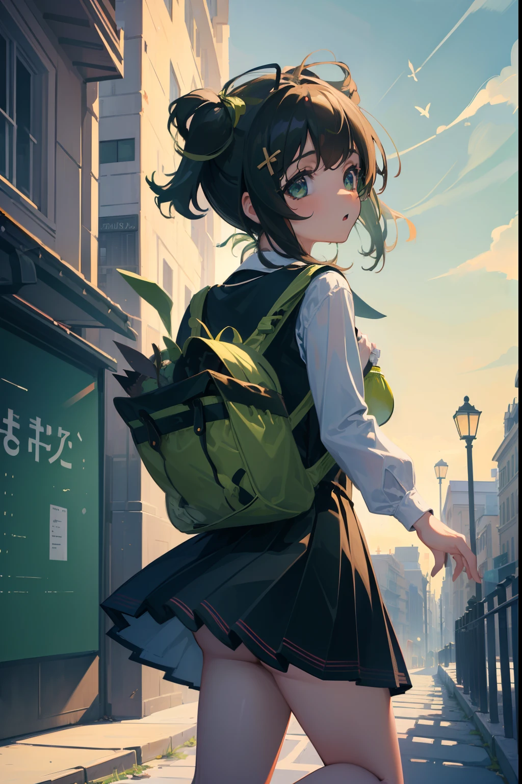 (masterpiece:1.3),(absurdres:1.3), (best quality:1.3), (ultra-detailed:1.3),(best shadow:0.7),(expressive eyes), 1girl, running, catching bus, from behind, , , cute, kindergarten school, ((green school bag)), cheerful, ((cityscape)),
